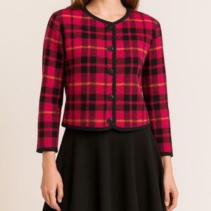 Vintage 90s David Wayne Petite Pink Black Plaid‎ Furry Fleece Cardigan Sweater